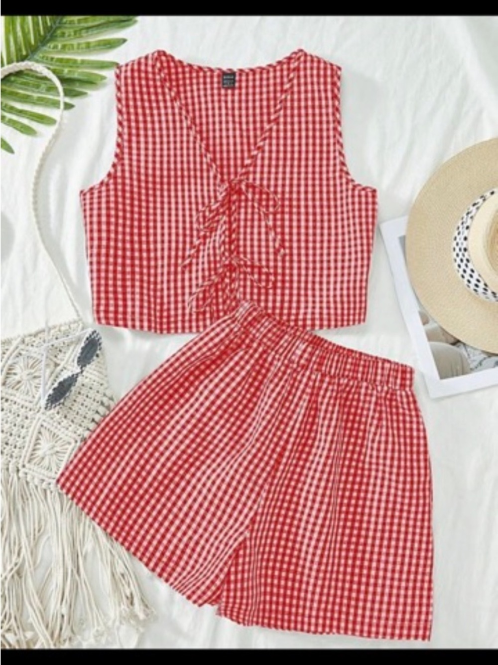 SHEIN Red Gingham High Waist Shorts Set